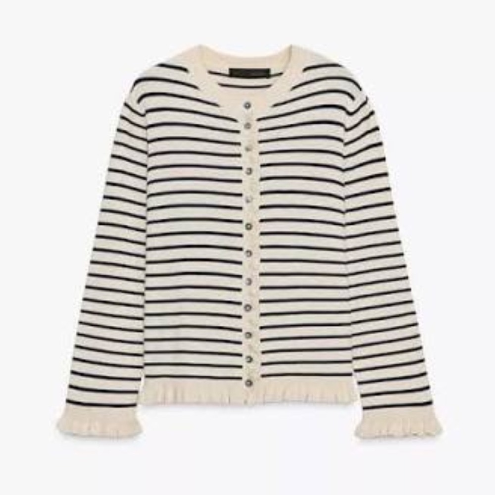 Zara Cream & Navy Stripe Ruffle Trim Cardigan Medium Button Front Bangladesh - Picture 6 of 12